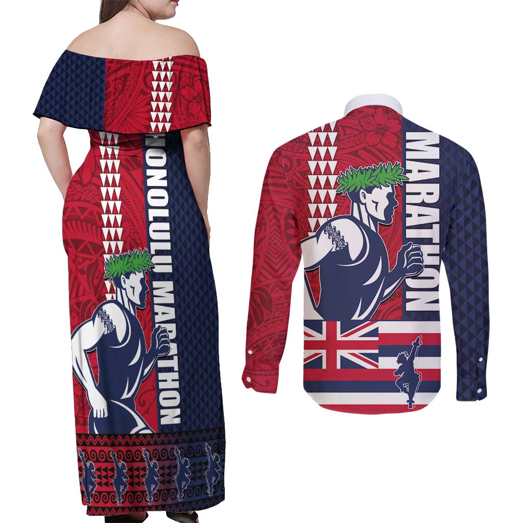 Honolulu Running 2024 Couples Matching Off Shoulder Maxi Dress and Long Sleeve Button Shirt Marathon Competition Hula Runner and Kakau Art Tattoo