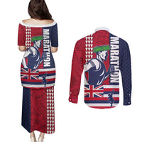 Honolulu Running 2024 Couples Matching Puletasi and Long Sleeve Button Shirt Marathon Competition Hula Runner and Kakau Art Tattoo