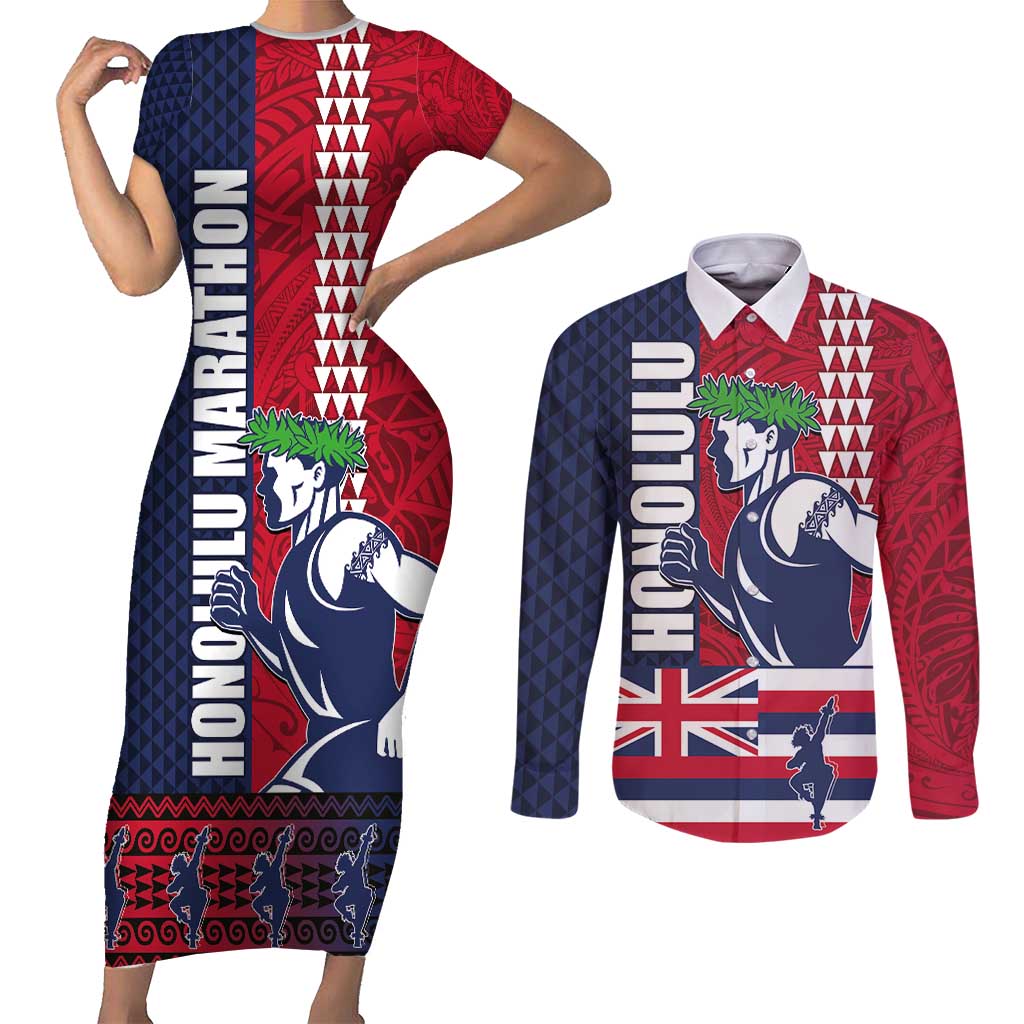 Honolulu Running 2024 Couples Matching Short Sleeve Bodycon Dress and Long Sleeve Button Shirt Marathon Competition Hula Runner and Kakau Art Tattoo