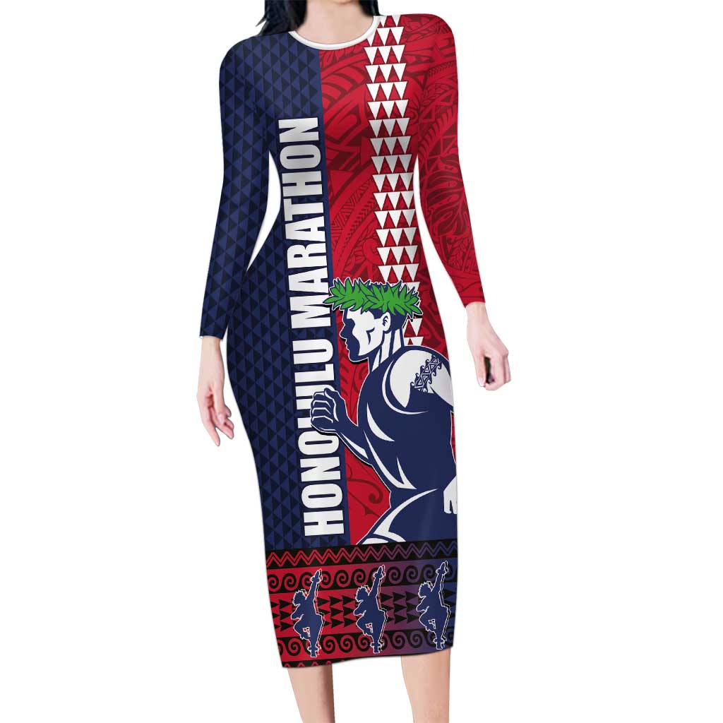 Honolulu Running 2024 Family Matching Long Sleeve Bodycon Dress and Hawaiian Shirt Marathon Competition Hula Runner and Kakau Art Tattoo