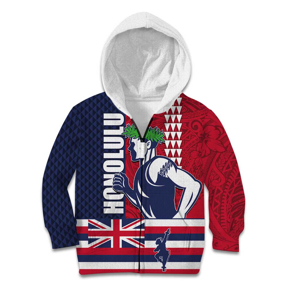 Honolulu Running 2024 Kid Hoodie Marathon Competition Hula Runner and Kakau Art Tattoo