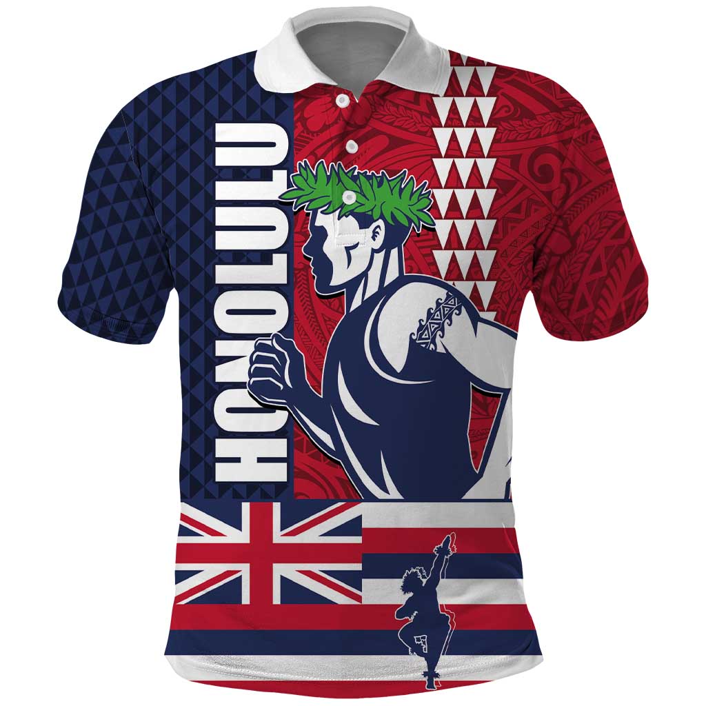 Honolulu Running 2024 Polo Shirt Marathon Competition Hula Runner and Kakau Art Tattoo