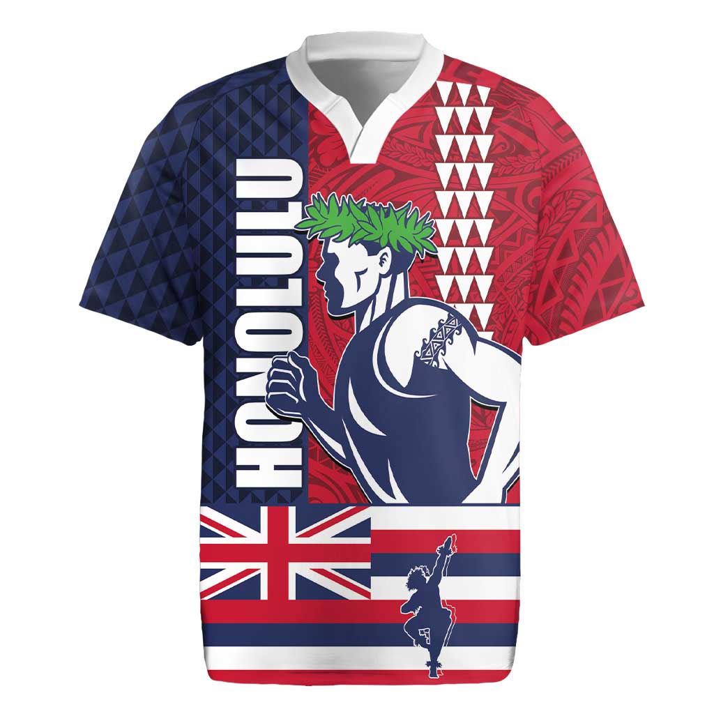 Honolulu Running 2024 Rugby Jersey Marathon Competition Hula Runner and Kakau Art Tattoo
