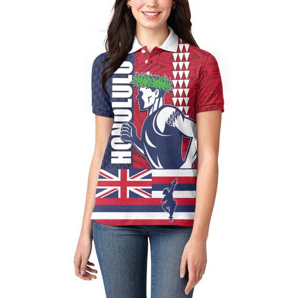 Honolulu Running 2024 Women Polo Shirt Marathon Competition Hula Runner and Kakau Art Tattoo