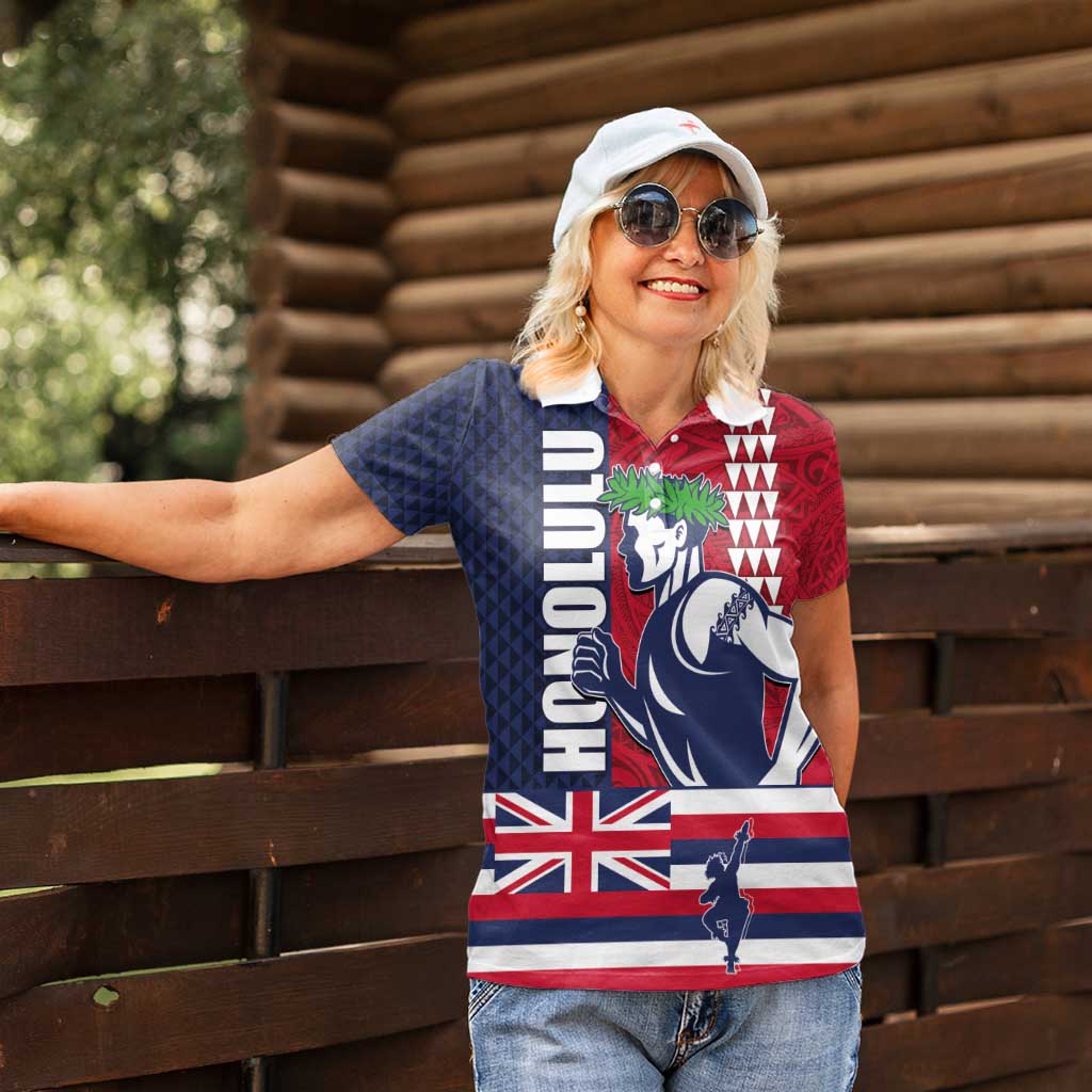 Honolulu Running 2024 Women Polo Shirt Marathon Competition Hula Runner and Kakau Art Tattoo