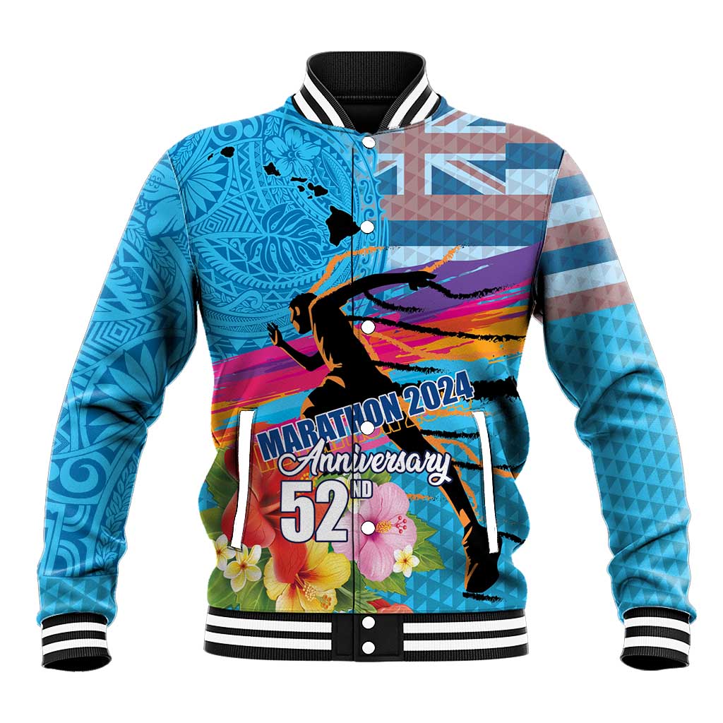 Honolulu Anniversary 52nd Running Baseball Jacket Marathon Competition Kakau Pattern Blue Color