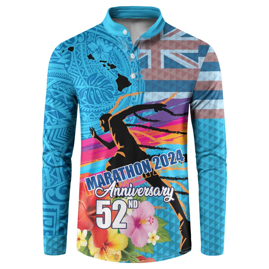 Honolulu Anniversary 52nd Running Button Sweatshirt Marathon Competition Kakau Pattern Blue Color LT03 Blue - Polynesian Pride