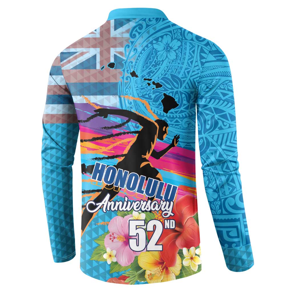 Honolulu Anniversary 52nd Running Button Sweatshirt Marathon Competition Kakau Pattern Blue Color LT03 - Polynesian Pride