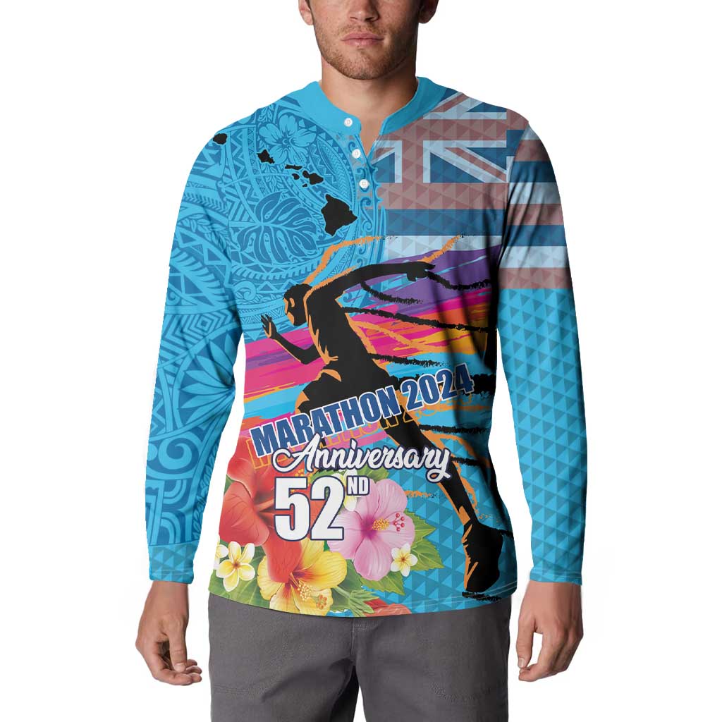Honolulu Anniversary 52nd Running Button Sweatshirt Marathon Competition Kakau Pattern Blue Color LT03 - Polynesian Pride