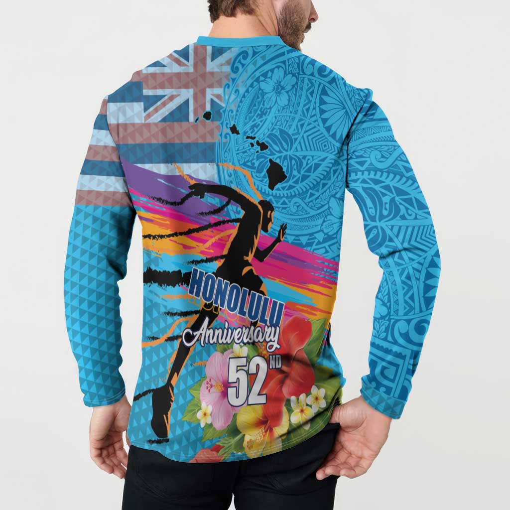 Honolulu Anniversary 52nd Running Button Sweatshirt Marathon Competition Kakau Pattern Blue Color LT03 - Polynesian Pride