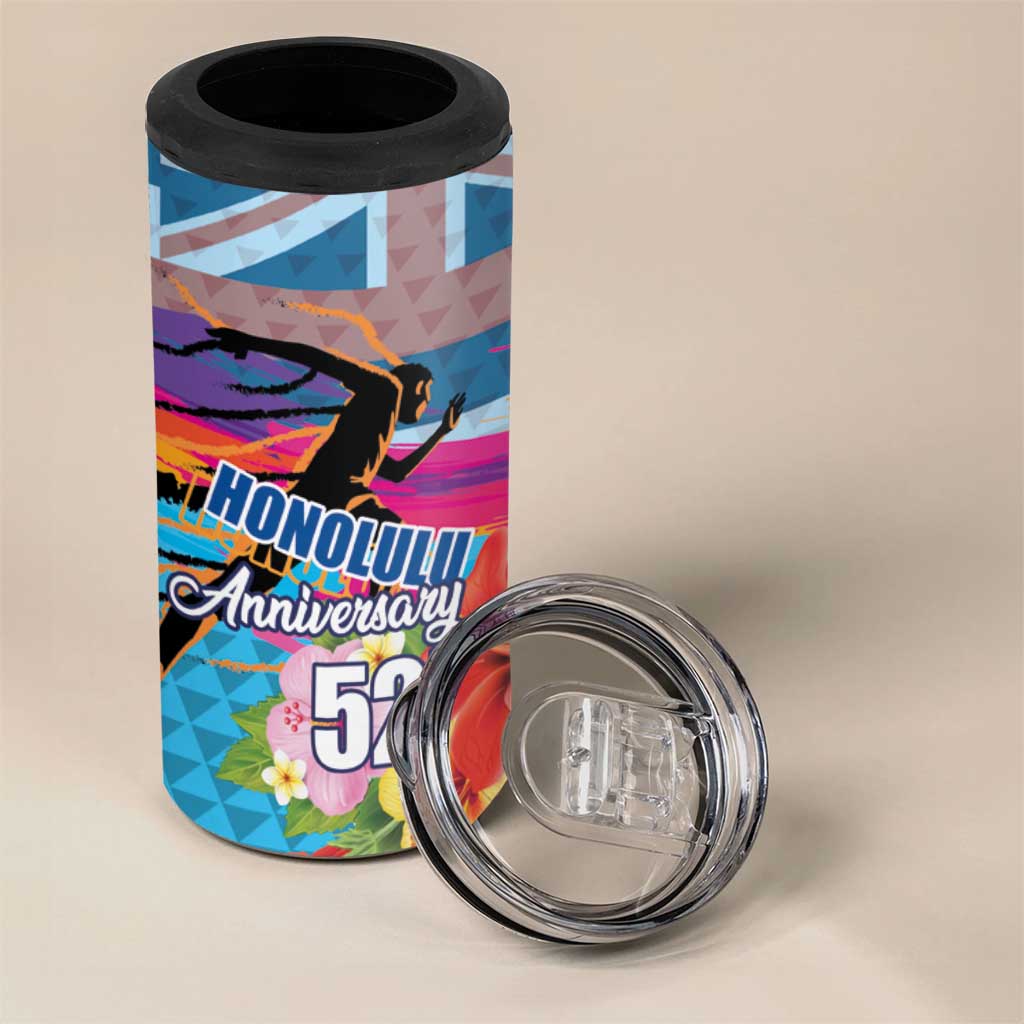 Honolulu Anniversary 52nd Running 4 in 1 Can Cooler Tumbler Marathon Competition Kakau Pattern Blue Color