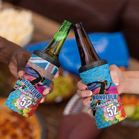 Honolulu Anniversary 52nd Running 4 in 1 Can Cooler Tumbler Marathon Competition Kakau Pattern Blue Color