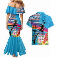 Honolulu Anniversary 52nd Running Couples Matching Mermaid Dress and Hawaiian Shirt Marathon Competition Kakau Pattern Blue Color LT03 - Polynesian Pride