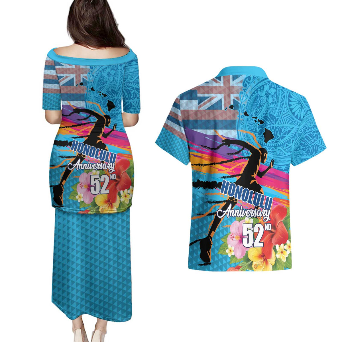 Honolulu Anniversary 52nd Running Couples Matching Puletasi and Hawaiian Shirt Marathon Competition Kakau Pattern Blue Color