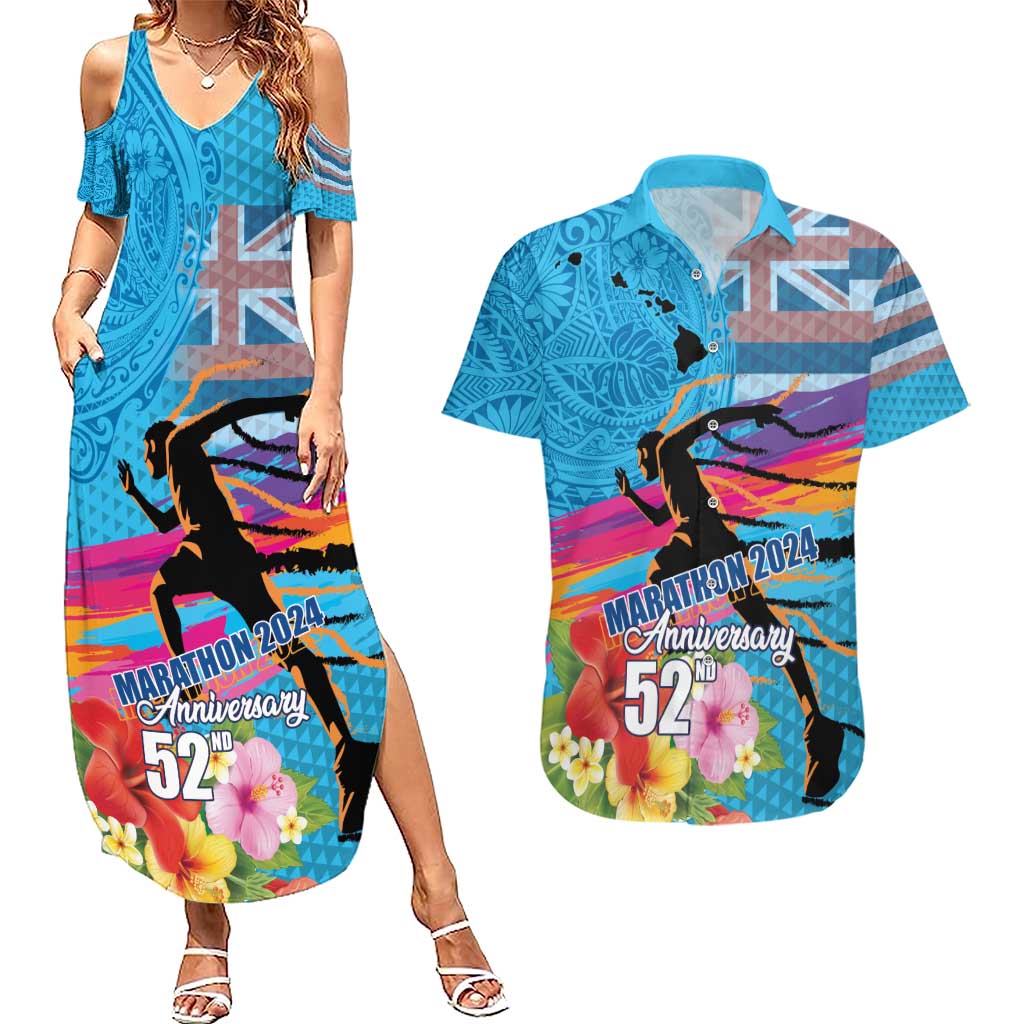Honolulu Anniversary 52nd Running Couples Matching Summer Maxi Dress and Hawaiian Shirt Marathon Competition Kakau Pattern Blue Color