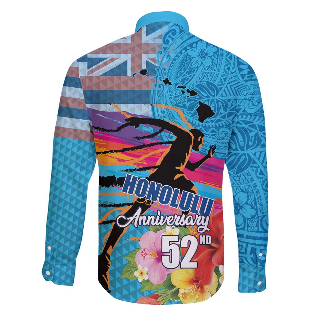 Honolulu Anniversary 52nd Running Family Matching Long Sleeve Bodycon Dress and Hawaiian Shirt Marathon Competition Kakau Pattern Blue Color