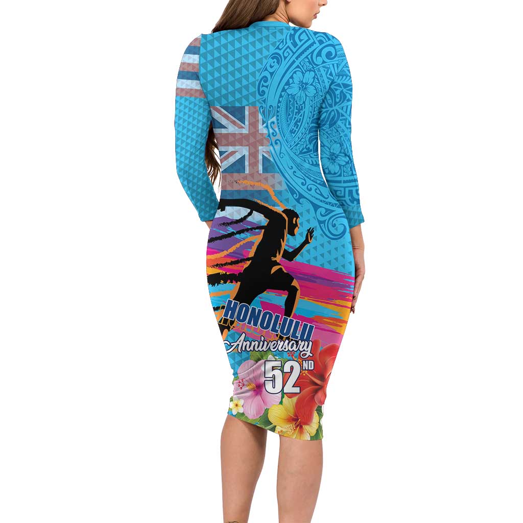 Honolulu Anniversary 52nd Running Family Matching Long Sleeve Bodycon Dress and Hawaiian Shirt Marathon Competition Kakau Pattern Blue Color