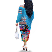 Honolulu Anniversary 52nd Running Family Matching Off The Shoulder Long Sleeve Dress and Hawaiian Shirt Marathon Competition Kakau Pattern Blue Color