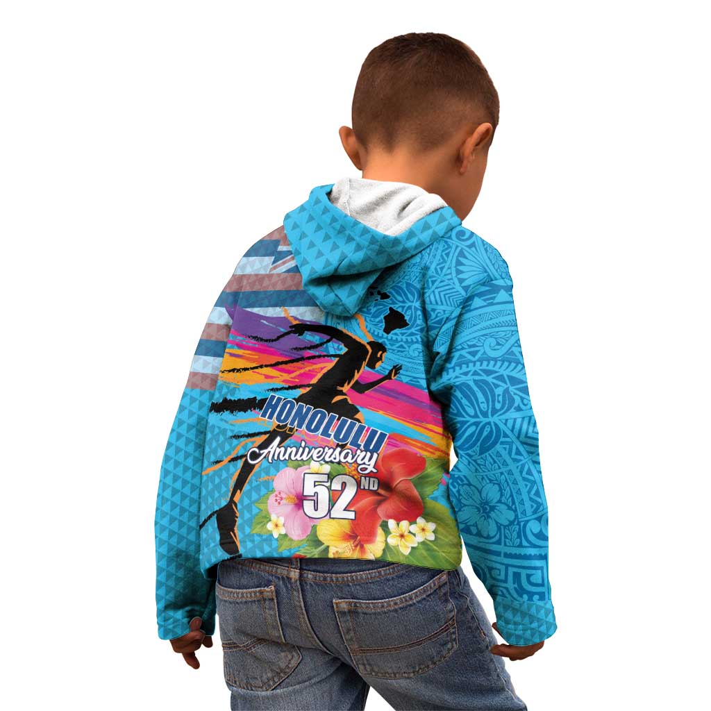 Honolulu Anniversary 52nd Running Kid Hoodie Marathon Competition Kakau Pattern Blue Color