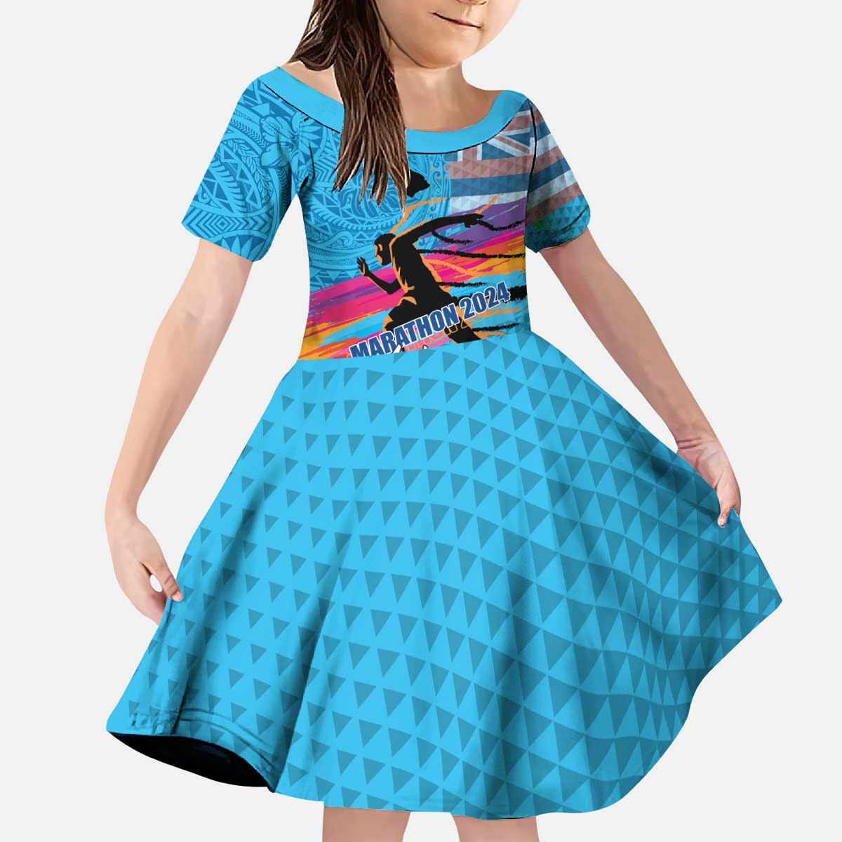 Honolulu Anniversary 52nd Running Kid Short Sleeve Dress Marathon Competition Kakau Pattern Blue Color LT03 KID Blue - Polynesian Pride