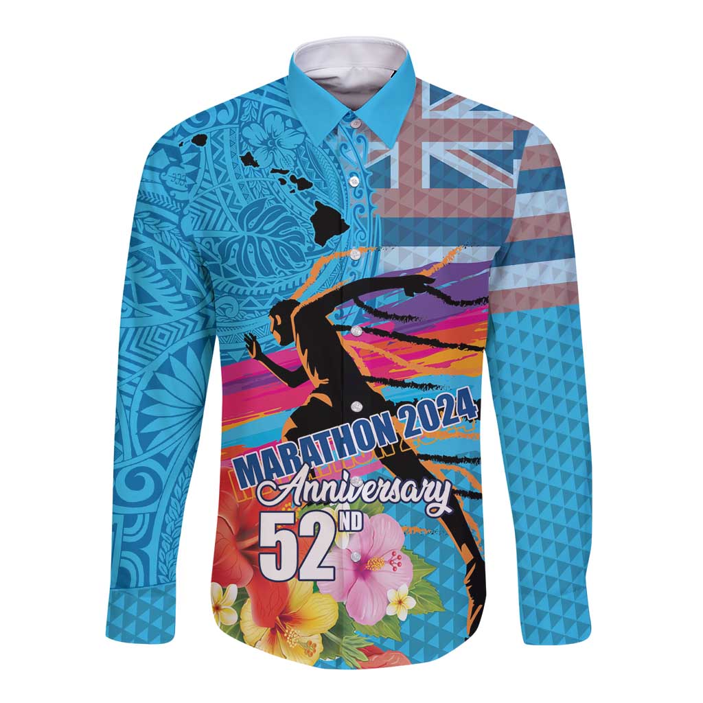 Honolulu Anniversary 52nd Running Long Sleeve Button Shirt Marathon Competition Kakau Pattern Blue Color LT03 Unisex Blue - Polynesian Pride