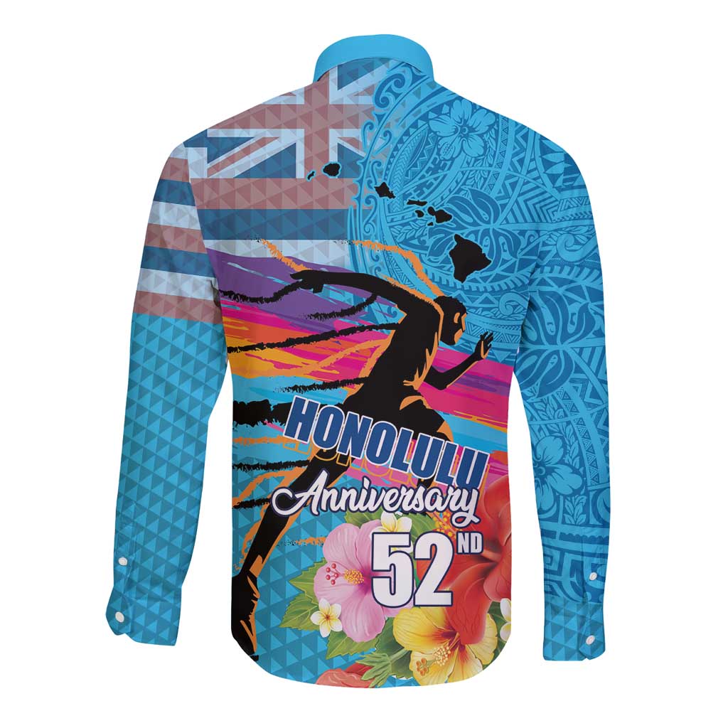 Honolulu Anniversary 52nd Running Long Sleeve Button Shirt Marathon Competition Kakau Pattern Blue Color LT03 - Polynesian Pride