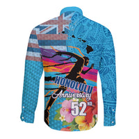 Honolulu Anniversary 52nd Running Long Sleeve Button Shirt Marathon Competition Kakau Pattern Blue Color LT03 - Polynesian Pride