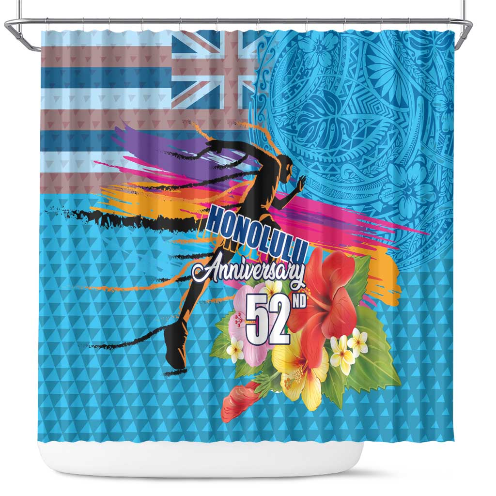 Honolulu Anniversary 52nd Running Shower Curtain Marathon Competition Kakau Pattern Blue Color