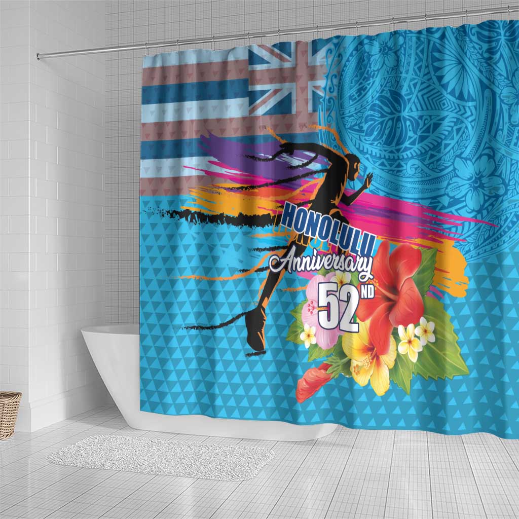 Honolulu Anniversary 52nd Running Shower Curtain Marathon Competition Kakau Pattern Blue Color