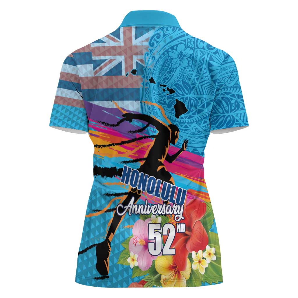 Honolulu Anniversary 52nd Running Women Polo Shirt Marathon Competition Kakau Pattern Blue Color