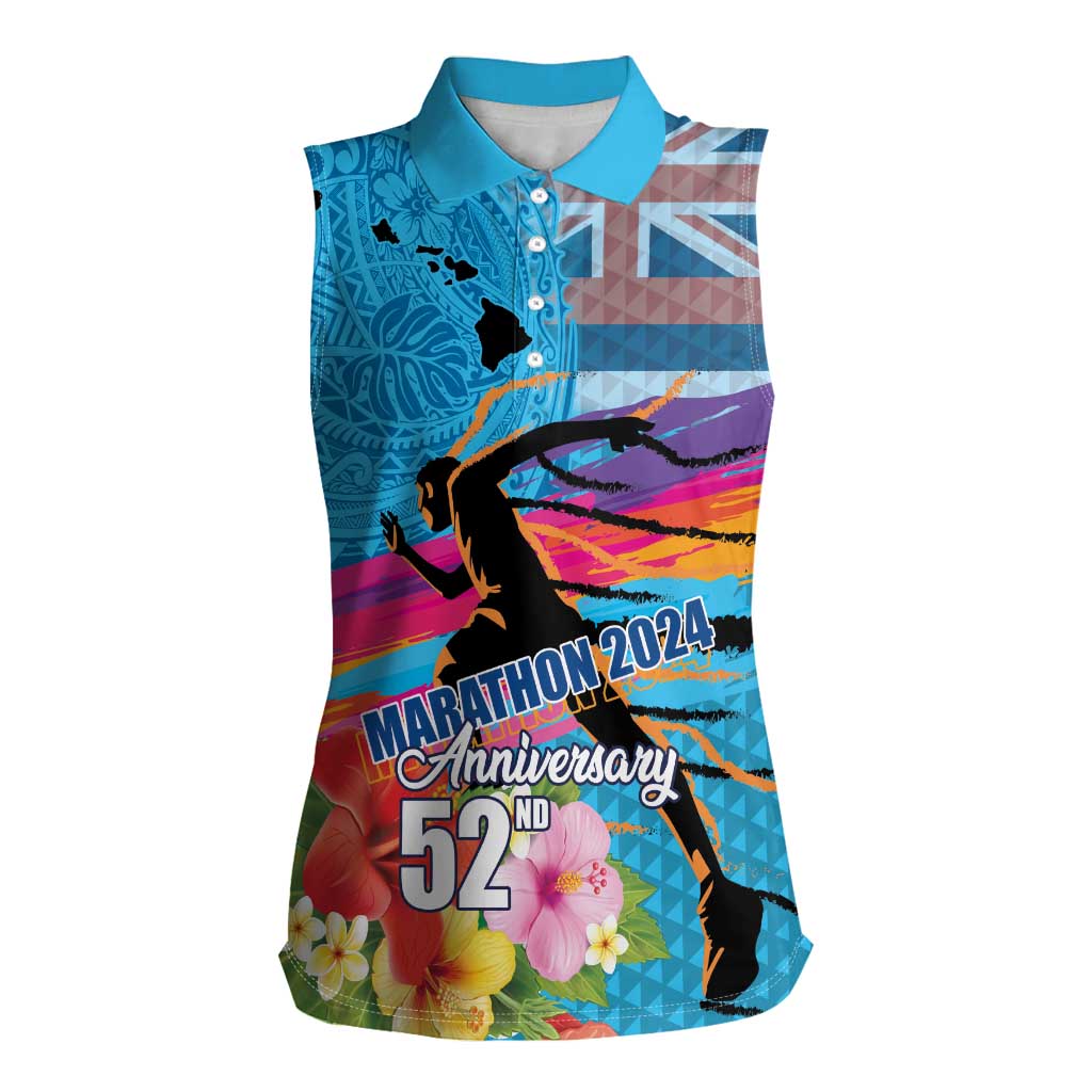 Honolulu Anniversary 52nd Running Women Sleeveless Polo Shirt Marathon Competition Kakau Pattern Blue Color