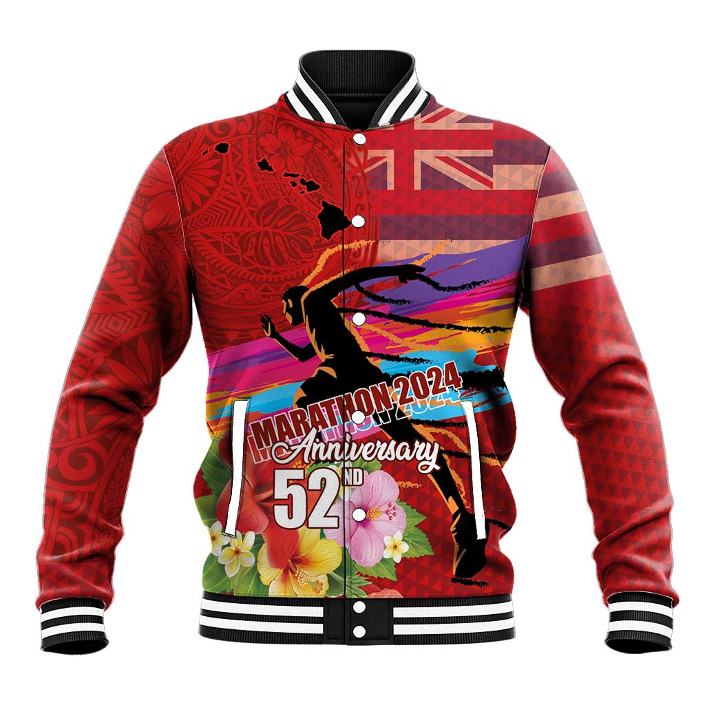 Honolulu Anniversary 52nd Running Baseball Jacket Marathon Competition Kakau Pattern Red Color