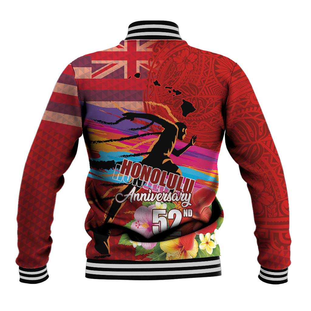 Honolulu Anniversary 52nd Running Baseball Jacket Marathon Competition Kakau Pattern Red Color