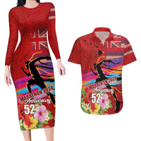 Honolulu Anniversary 52nd Running Couples Matching Long Sleeve Bodycon Dress and Hawaiian Shirt Marathon Competition Kakau Pattern Red Color LT03 Red - Polynesian Pride