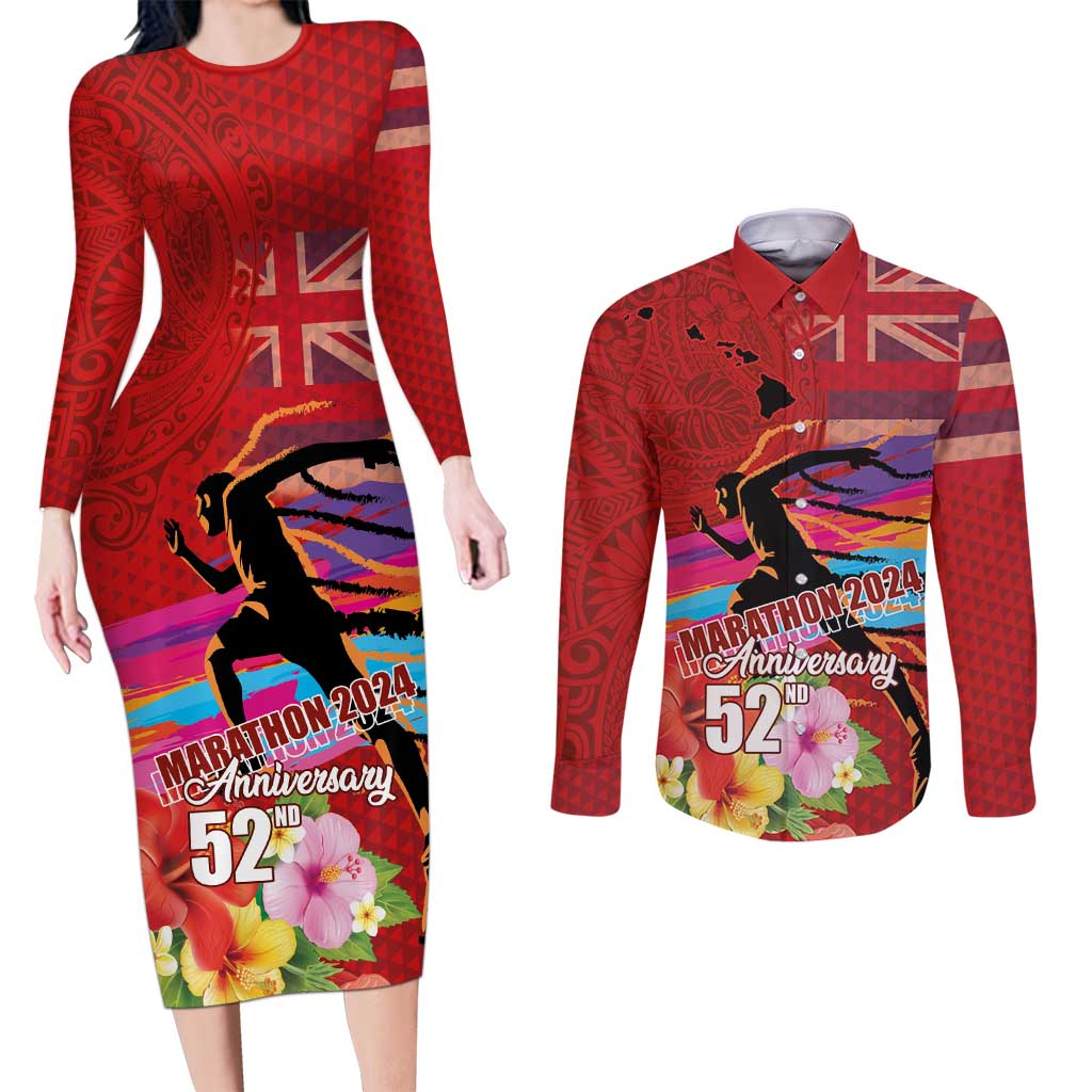 Honolulu Anniversary 52nd Running Couples Matching Long Sleeve Bodycon Dress and Long Sleeve Button Shirt Marathon Competition Kakau Pattern Red Color
