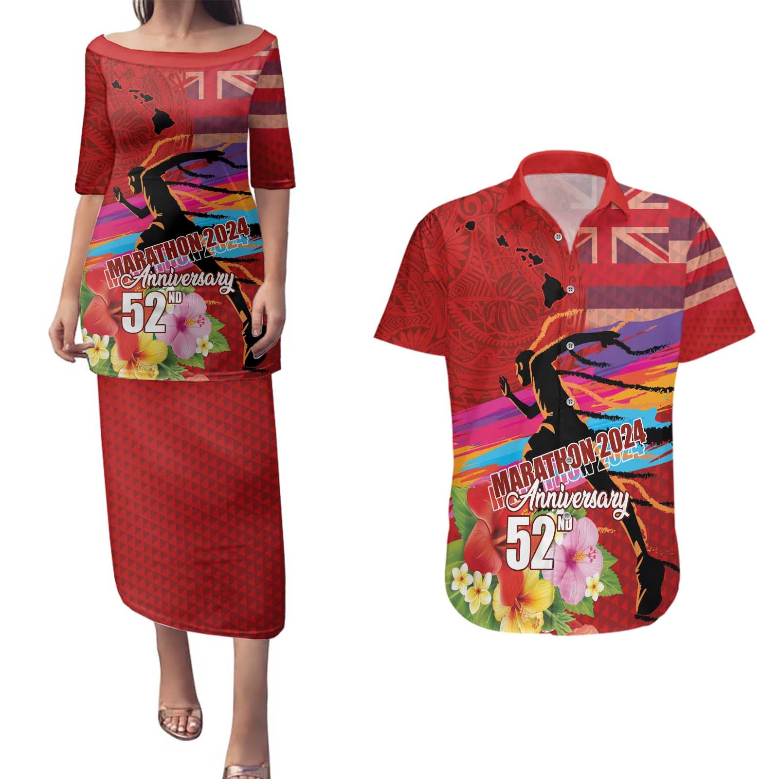 Honolulu Anniversary 52nd Running Couples Matching Puletasi and Hawaiian Shirt Marathon Competition Kakau Pattern Red Color