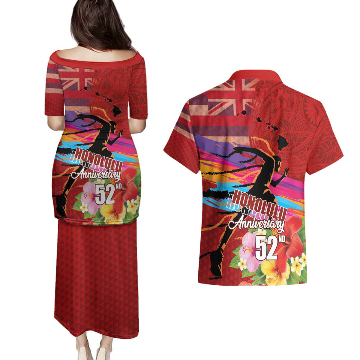 Honolulu Anniversary 52nd Running Couples Matching Puletasi and Hawaiian Shirt Marathon Competition Kakau Pattern Red Color