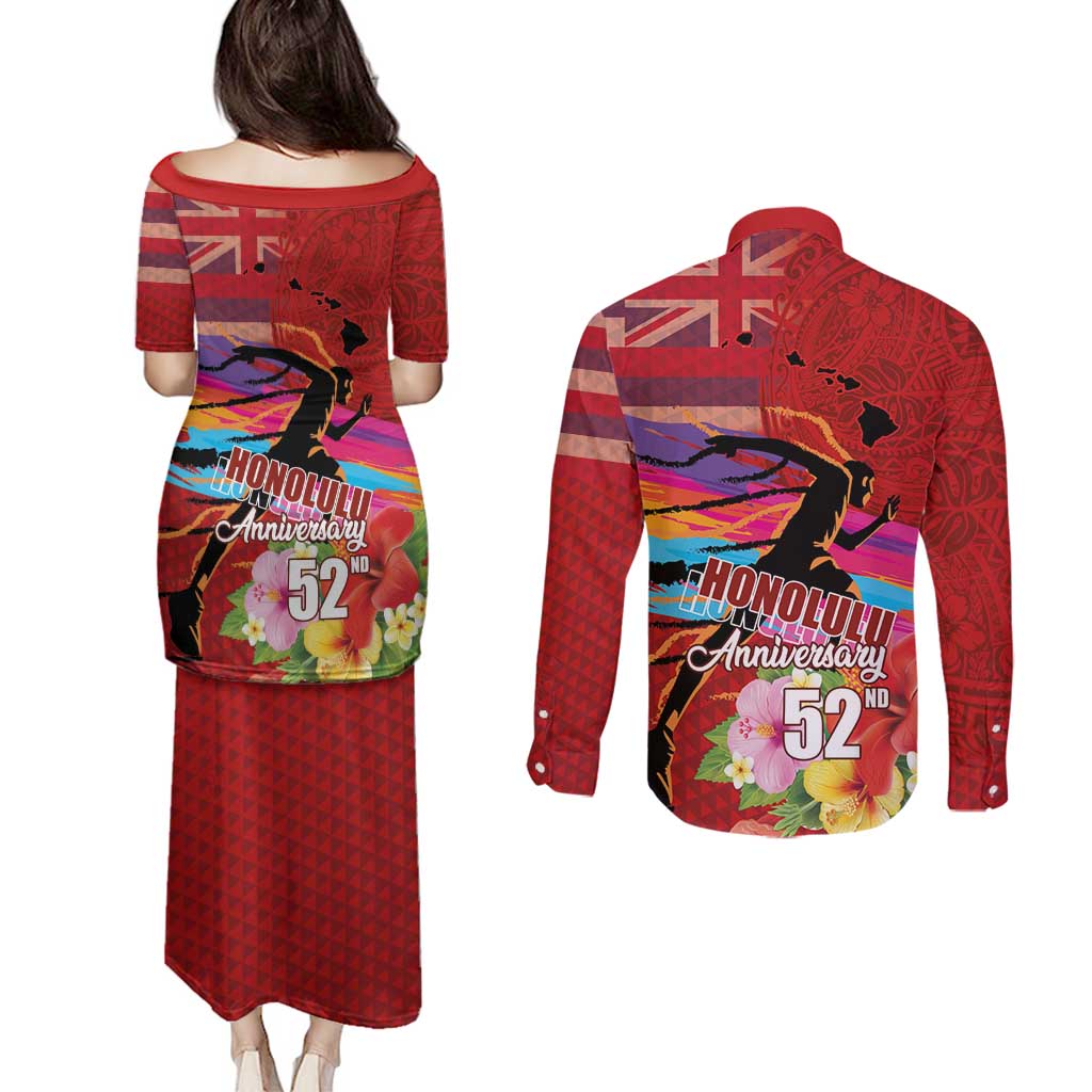 Honolulu Anniversary 52nd Running Couples Matching Puletasi and Long Sleeve Button Shirt Marathon Competition Kakau Pattern Red Color