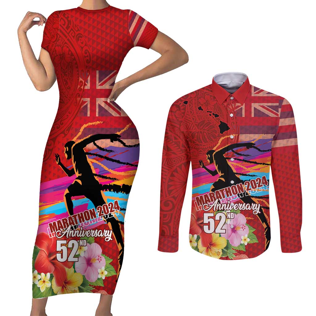 Honolulu Anniversary 52nd Running Couples Matching Short Sleeve Bodycon Dress and Long Sleeve Button Shirt Marathon Competition Kakau Pattern Red Color