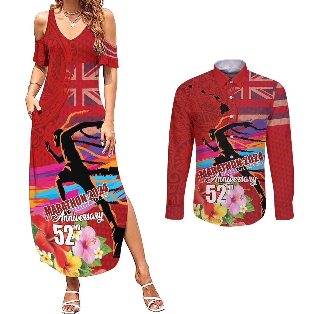 Honolulu Anniversary 52nd Running Couples Matching Summer Maxi Dress and Long Sleeve Button Shirt Marathon Competition Kakau Pattern Red Color