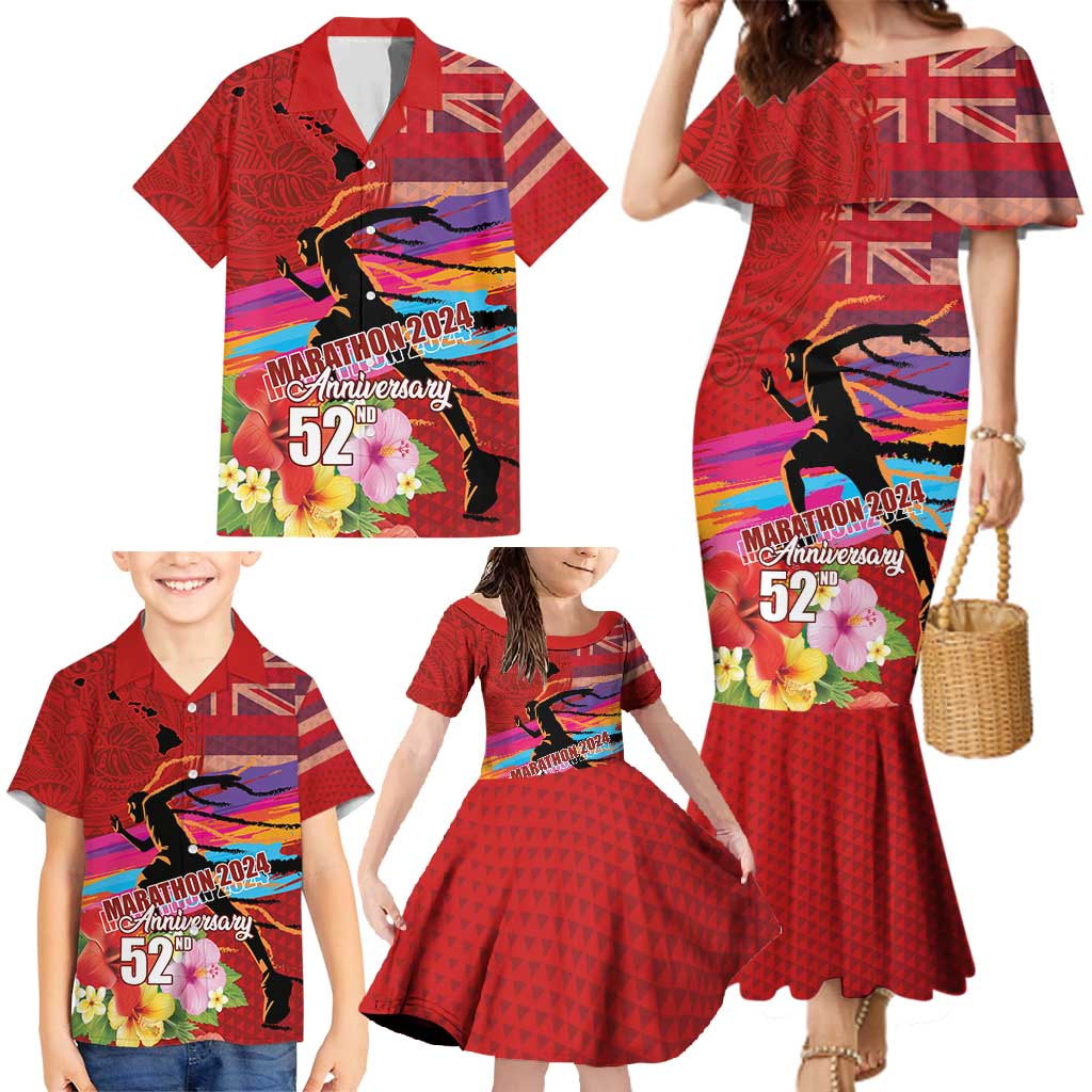 Honolulu Anniversary 52nd Running Family Matching Mermaid Dress and Hawaiian Shirt Marathon Competition Kakau Pattern Red Color