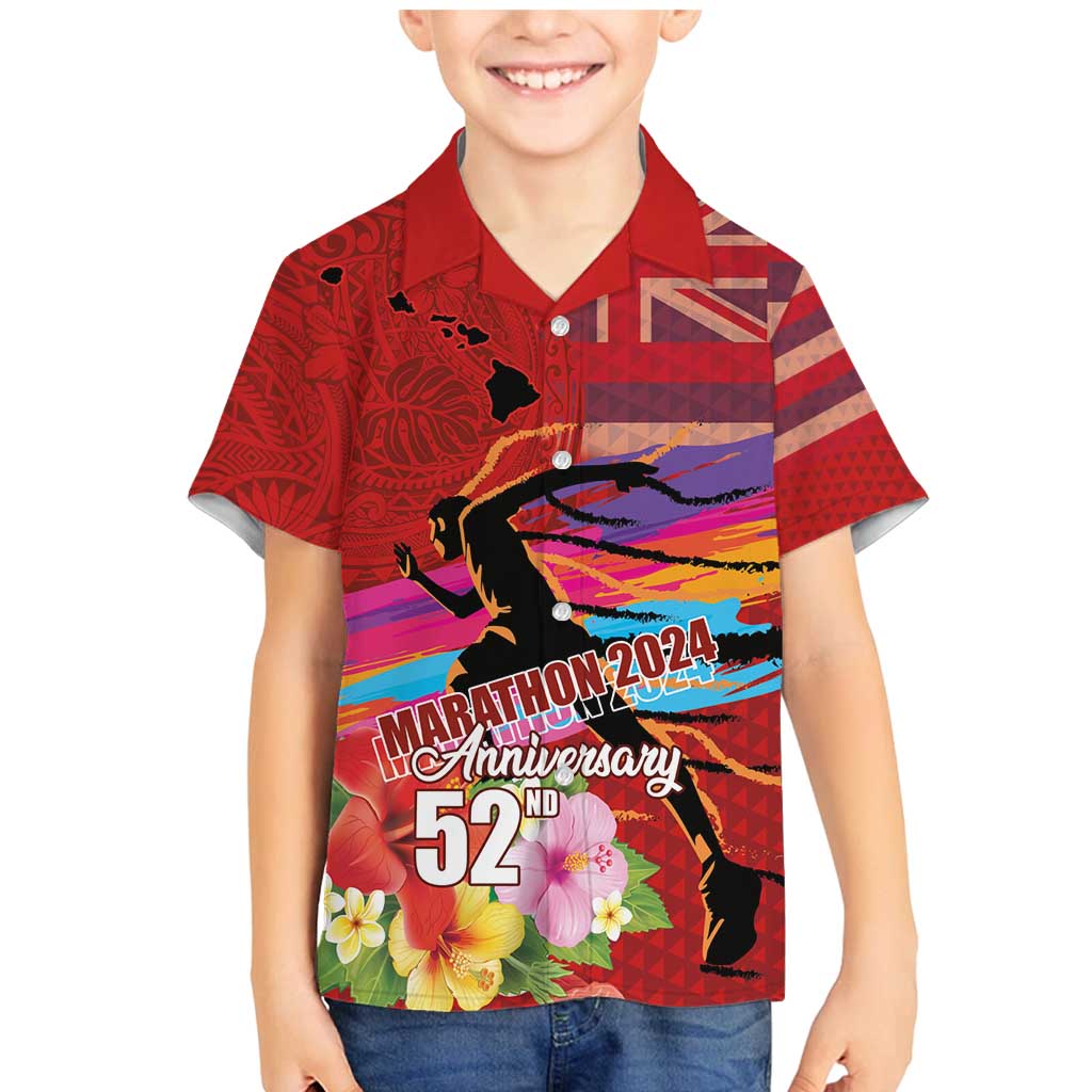 Honolulu Anniversary 52nd Running Family Matching Mermaid Dress and Hawaiian Shirt Marathon Competition Kakau Pattern Red Color