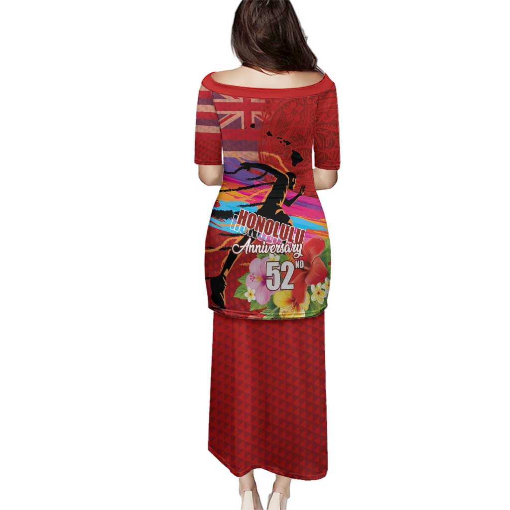 Honolulu Anniversary 52nd Running Family Matching Puletasi and Hawaiian Shirt Marathon Competition Kakau Pattern Red Color