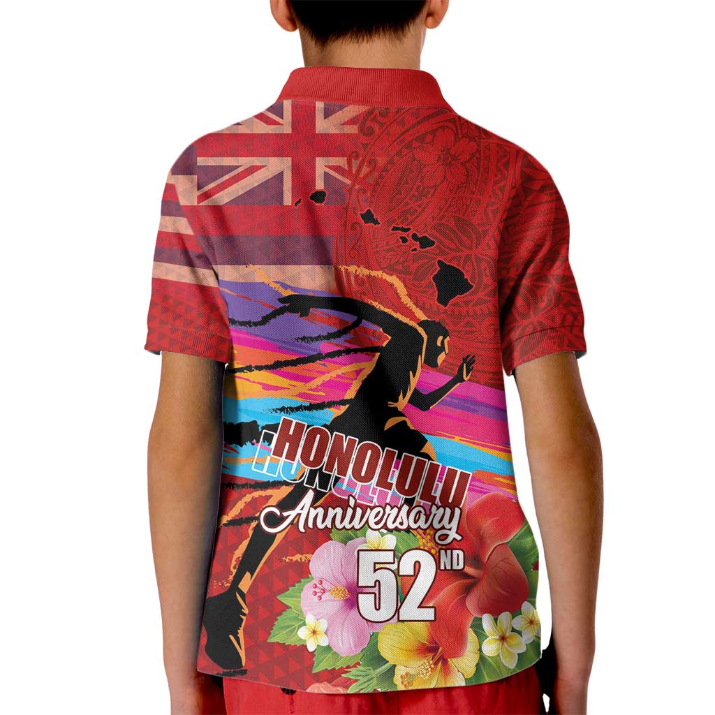 Honolulu Anniversary 52nd Running Kid Polo Shirt Marathon Competition Kakau Pattern Red Color LT03 - Polynesian Pride