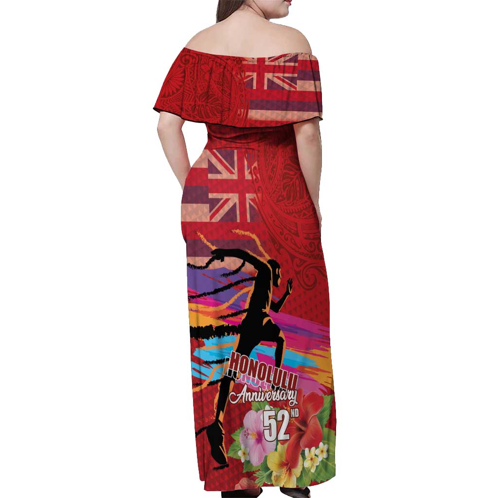Honolulu Anniversary 52nd Running Off Shoulder Maxi Dress Marathon Competition Kakau Pattern Red Color LT03 - Polynesian Pride