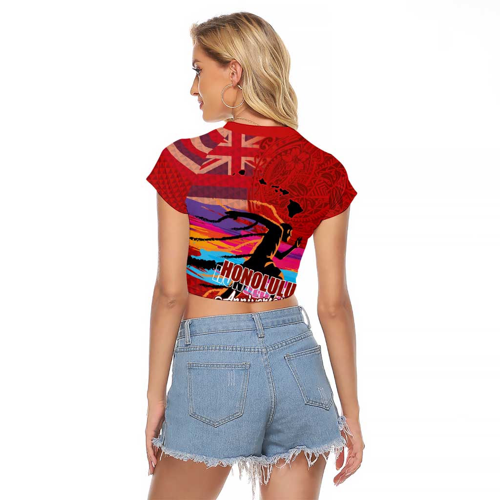 Honolulu Anniversary 52nd Running Raglan Cropped T Shirt Marathon Competition Kakau Pattern Red Color
