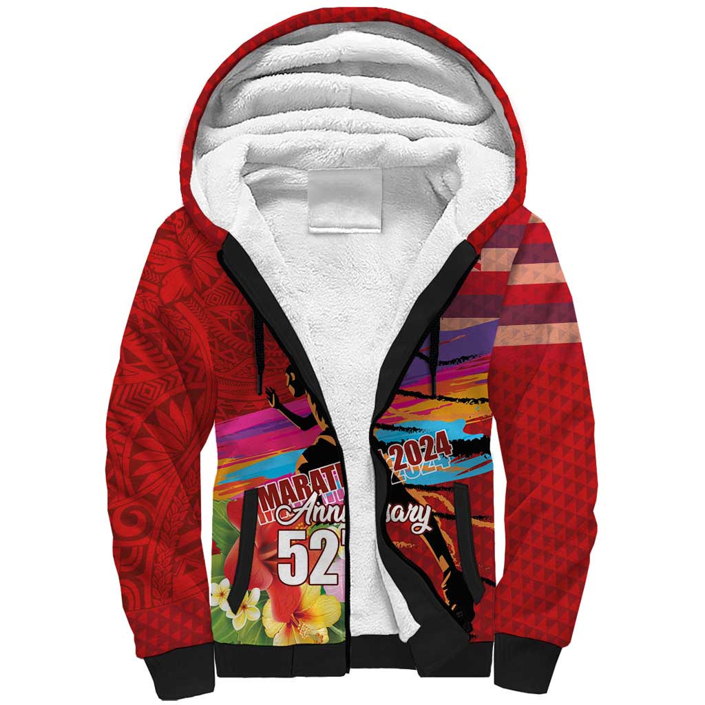 Honolulu Anniversary 52nd Running Sherpa Hoodie Marathon Competition Kakau Pattern Red Color