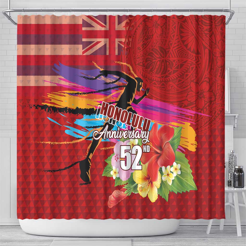 Honolulu Anniversary 52nd Running Shower Curtain Marathon Competition Kakau Pattern Red Color LT03 - Polynesian Pride