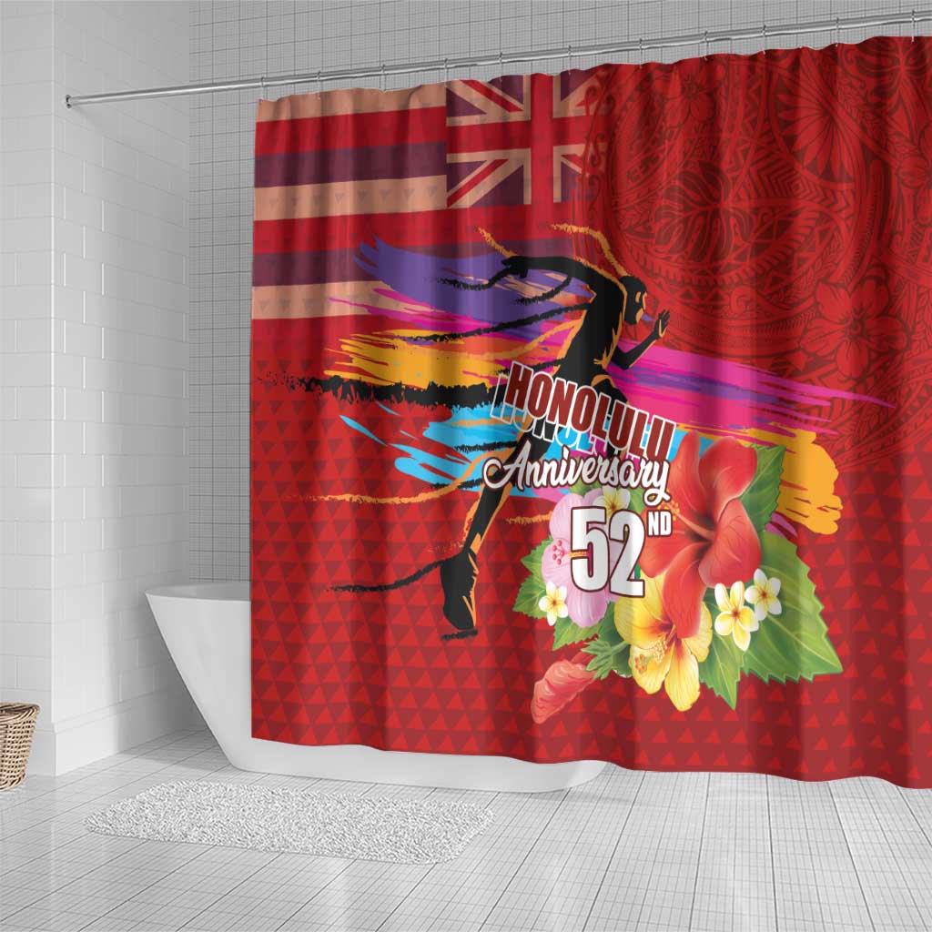 Honolulu Anniversary 52nd Running Shower Curtain Marathon Competition Kakau Pattern Red Color LT03 - Polynesian Pride