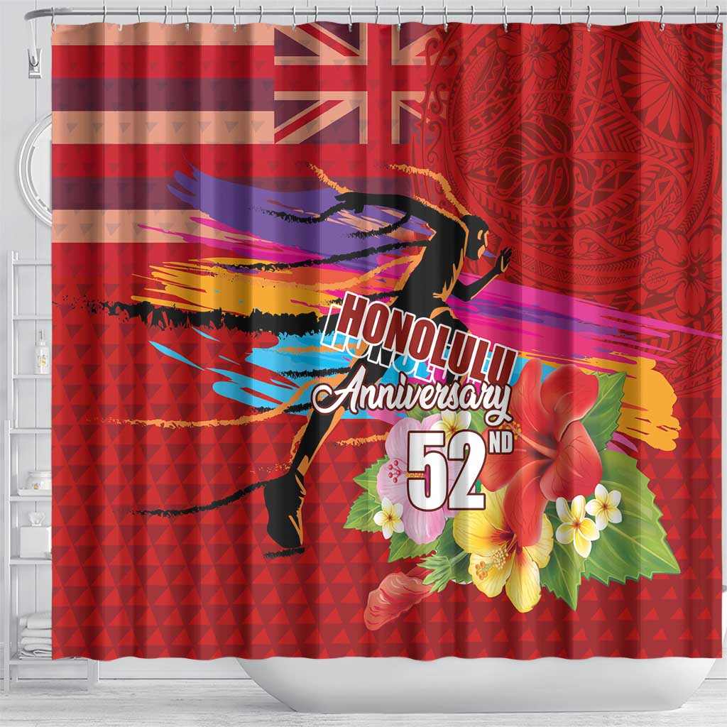 Honolulu Anniversary 52nd Running Shower Curtain Marathon Competition Kakau Pattern Red Color LT03 - Polynesian Pride